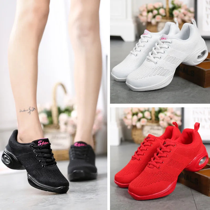 Women's breathable flyknit mesh dance shoes with PU sole in red colour
