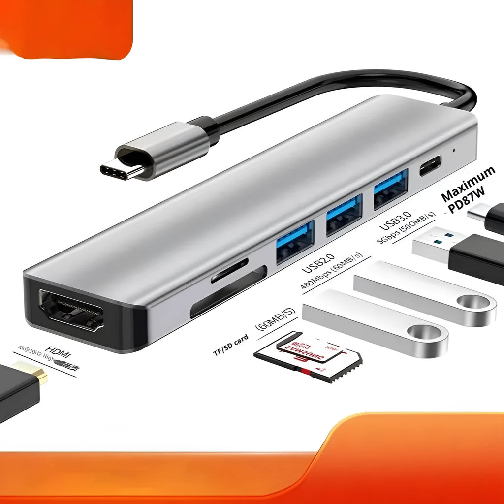 Type-C 7-in-1 expansion dock with HDMI port, USB ports, and a 15cm cable connected to a laptop.
