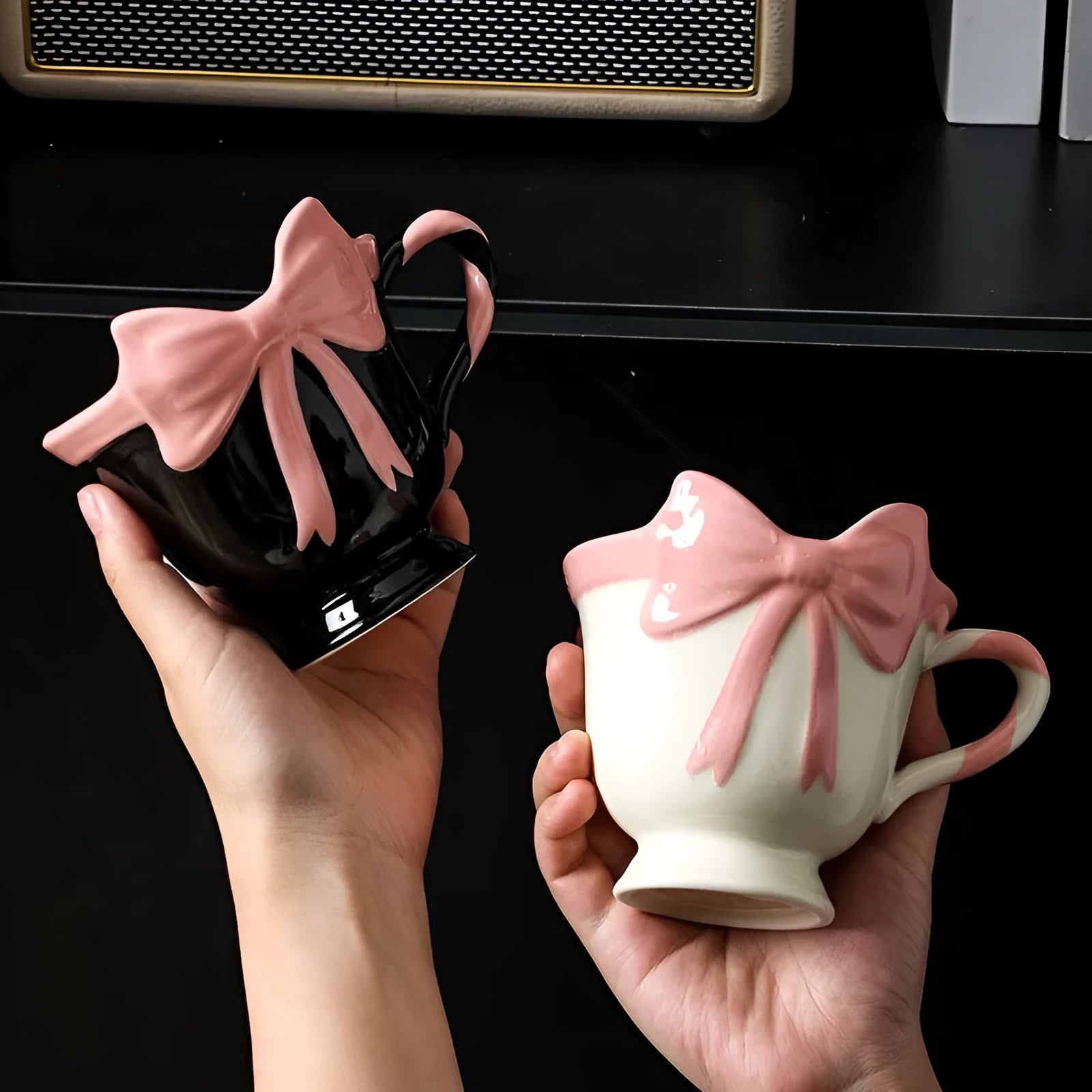 Original design girl heart bow ceramic mug in white powder or black pink colour, 301-400ml capacity