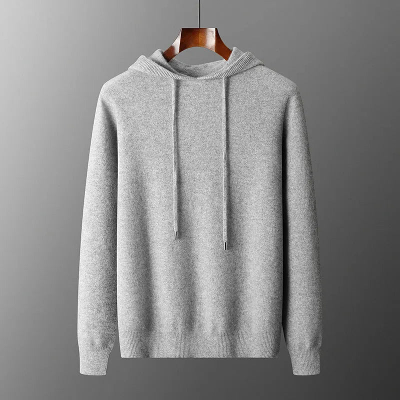 Men's light grey hooded knitted sweatshirt and matching trousers casual winter set.