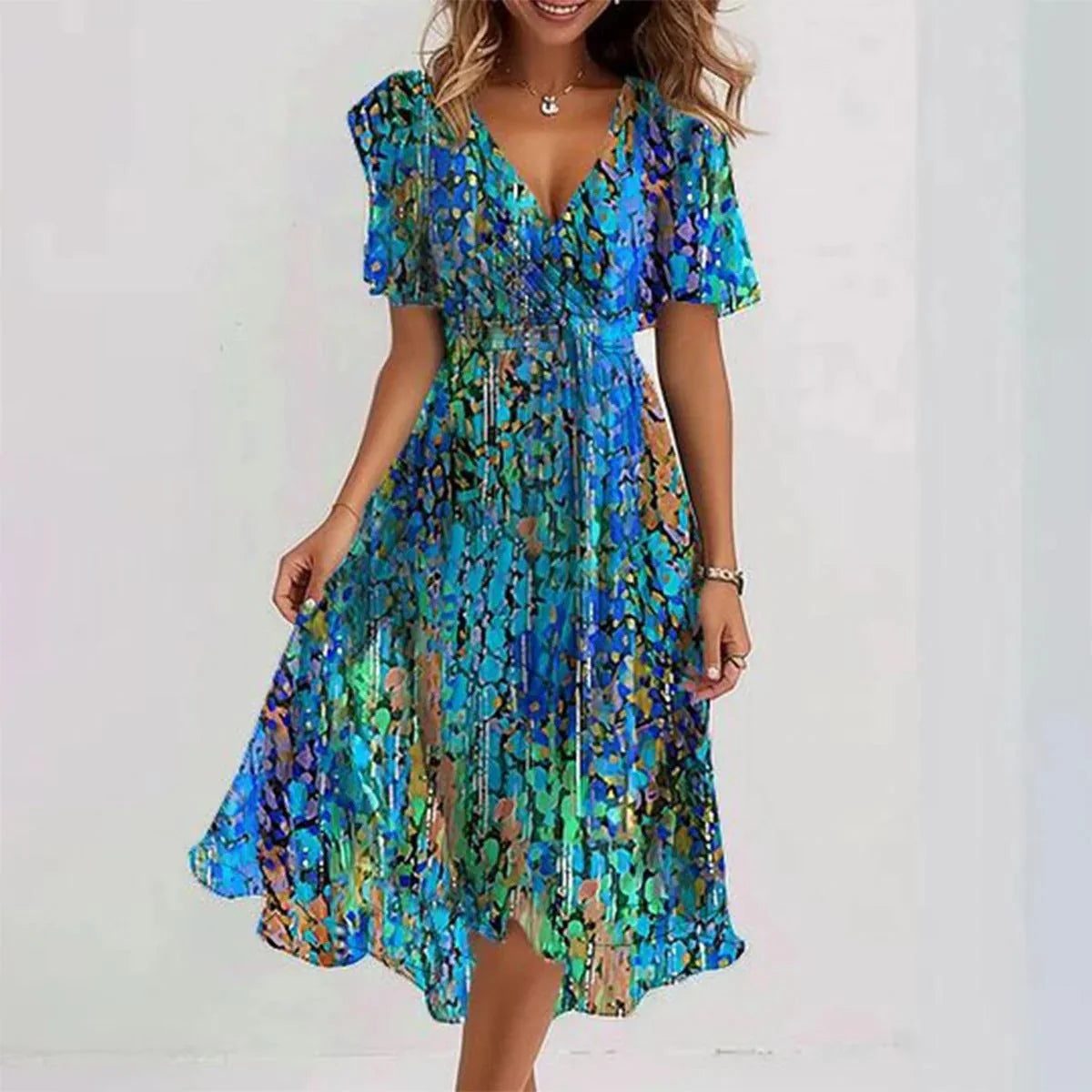Chiffon printed short sleeve dress with V-neck for summer in various colours