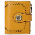 Fashion women's short oil wax leather coin purse in blue grey milled colour with sewing thread detail