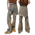 Women's loose hole bootcut jeans in picture colour with a high waist and button fly.