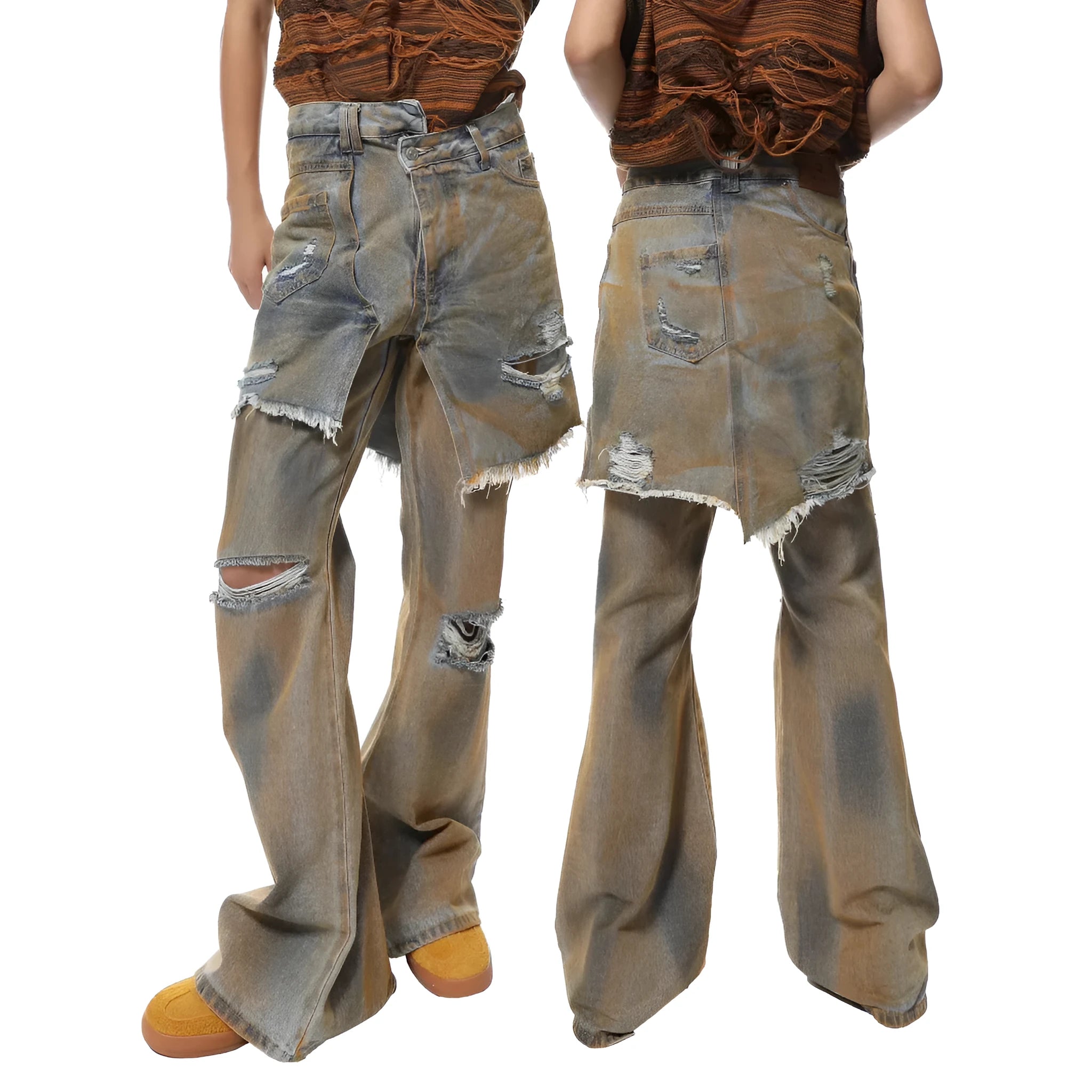 Women's loose hole bootcut jeans in picture colour with a high waist and button fly.