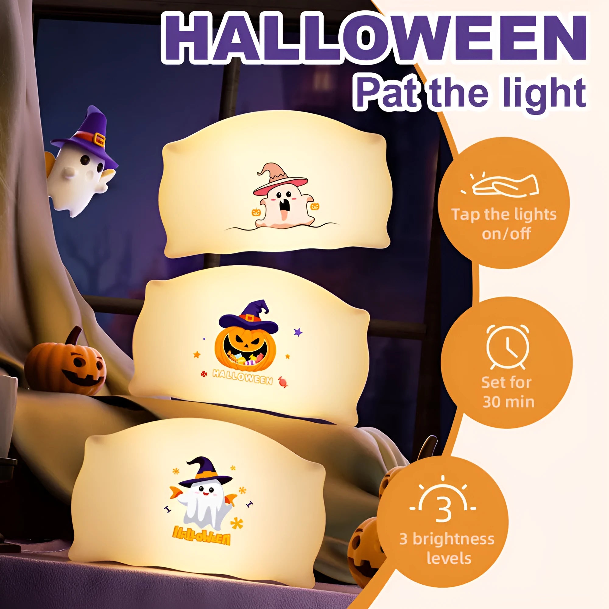 Cartoon Halloween ghost or pumpkin doll table lamp with warm white LED light on a table.