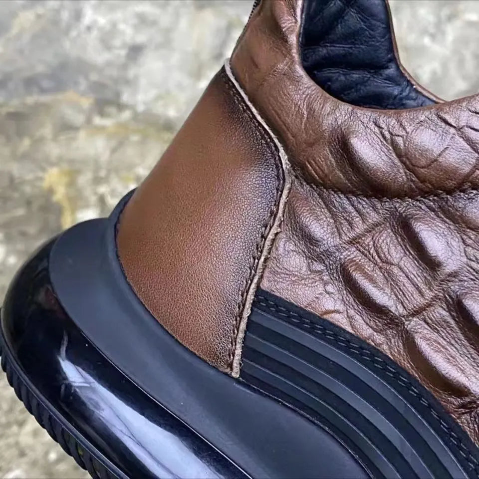 Men's warm air cushion high-top shoes with pattern elastic band, available in black and brown colours