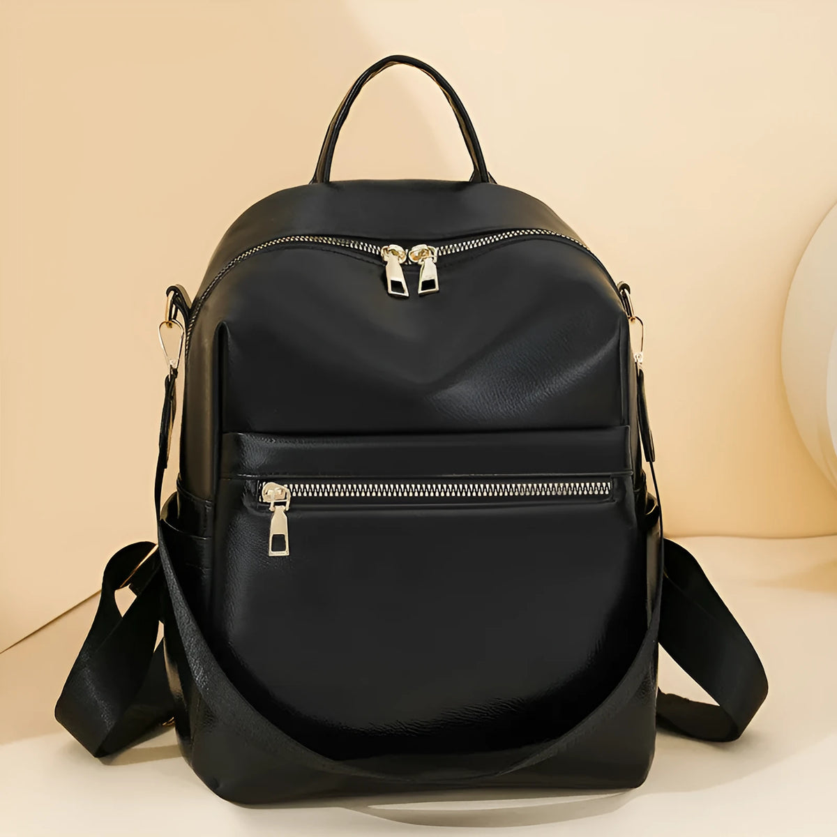 PU backpack with telescopic handle in black, square vertical shape, 24x15x31cm, sitting upright on floor