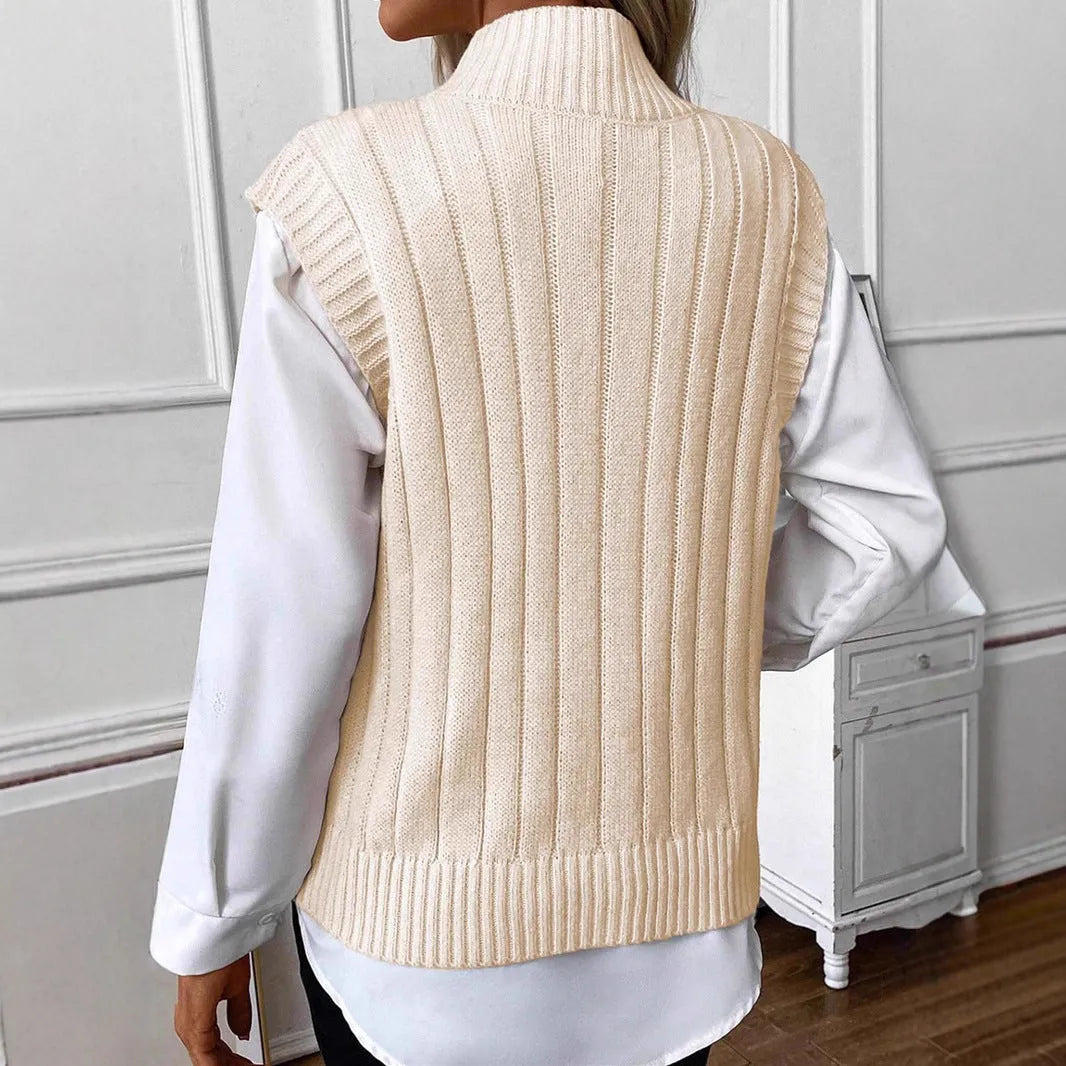 Women's white thickened acrylic sleeveless high neck knit sweater with colour blocking, loose fit, regular length
