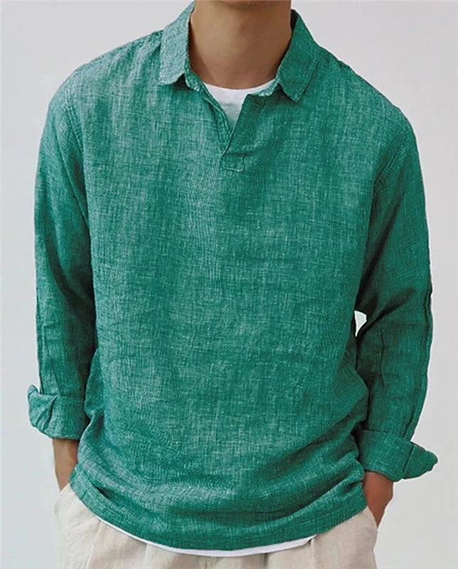 Men's European retro cotton blend pullover shirt in rose red, dark green, and gray