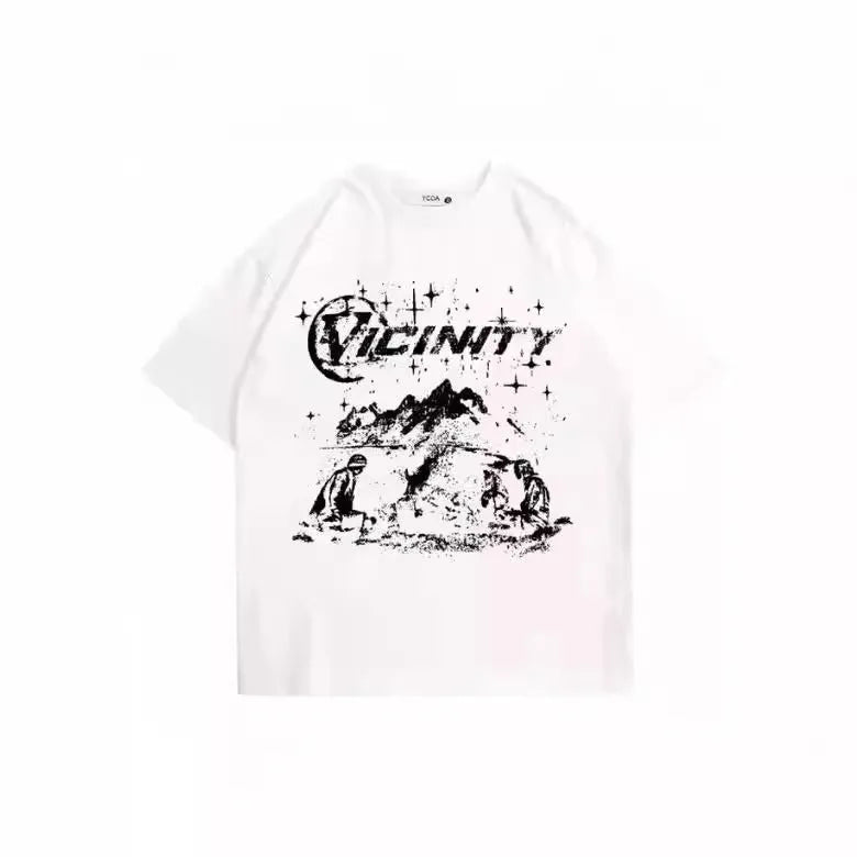 Men's grey hip hop graphic print t-shirt on a hanger, showing retro design.