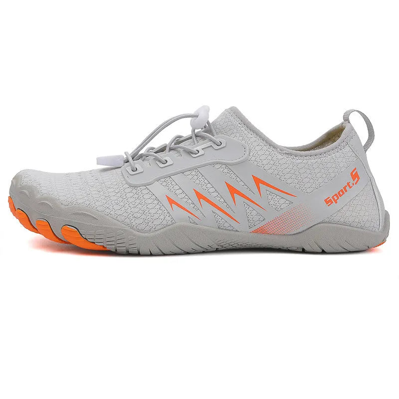 Quick-drying river tracing shoes in apricot colour with mesh upper and rubber sole.