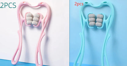 Six-wheel neck massager in blue and pink with 360° rolling balls for muscle relief