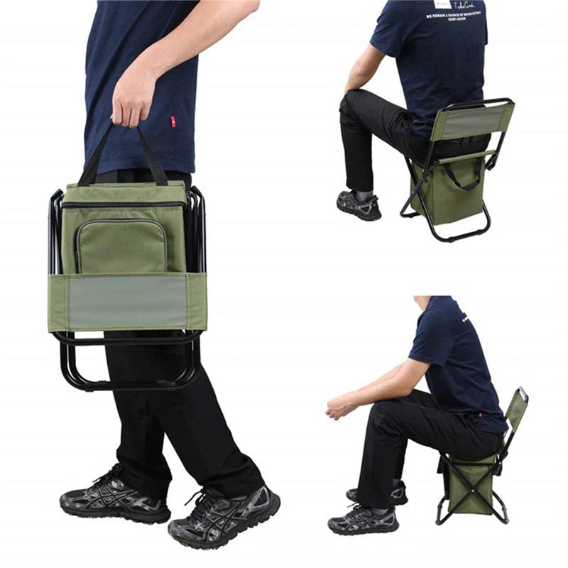Versatile fishing chair with built-in refrigerator compartment, designed for outdoor comfort and convenience