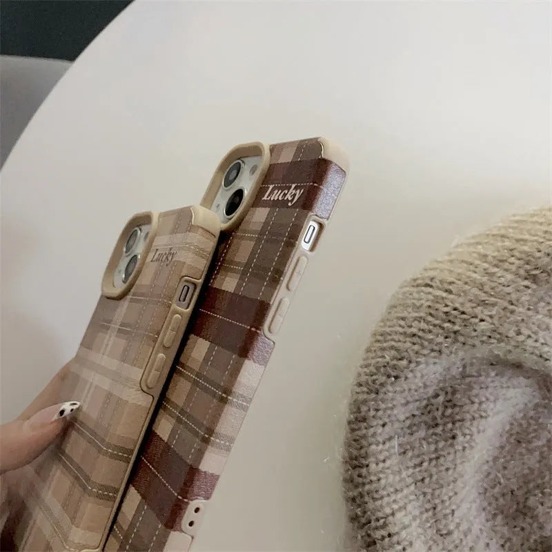 Lambskin plaid letters luck anti-fall silicone phone case for iPhone 13 Pro, light coffee colour, all-inclusive embossed design