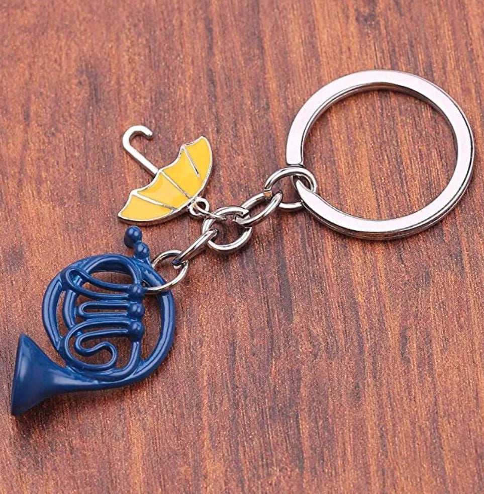 Blue French Horn and Yellow Umbrella Keychain - durable and lightweight key accessory