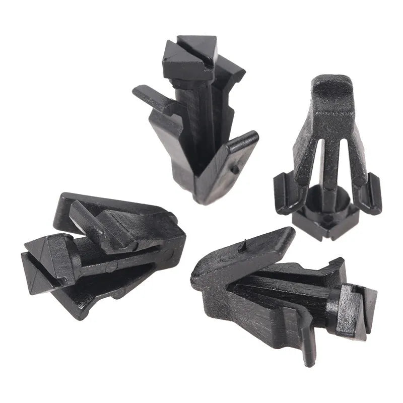 Black plastic bumper cover radiator grille fastening clip for Nissan vehicles, part number 76882-0M060