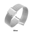 Milani silk woven stainless steel watch band replacement strap showing silver, black, rose gold, and gold colour options