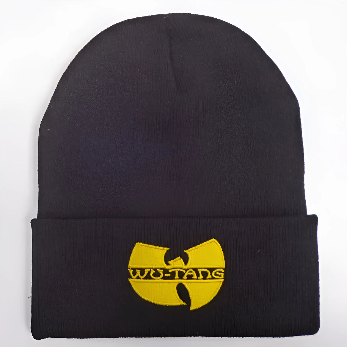 Knitted woolen adjustable street dance cap in yellow with printed words, dome top, no eaves, warp knit