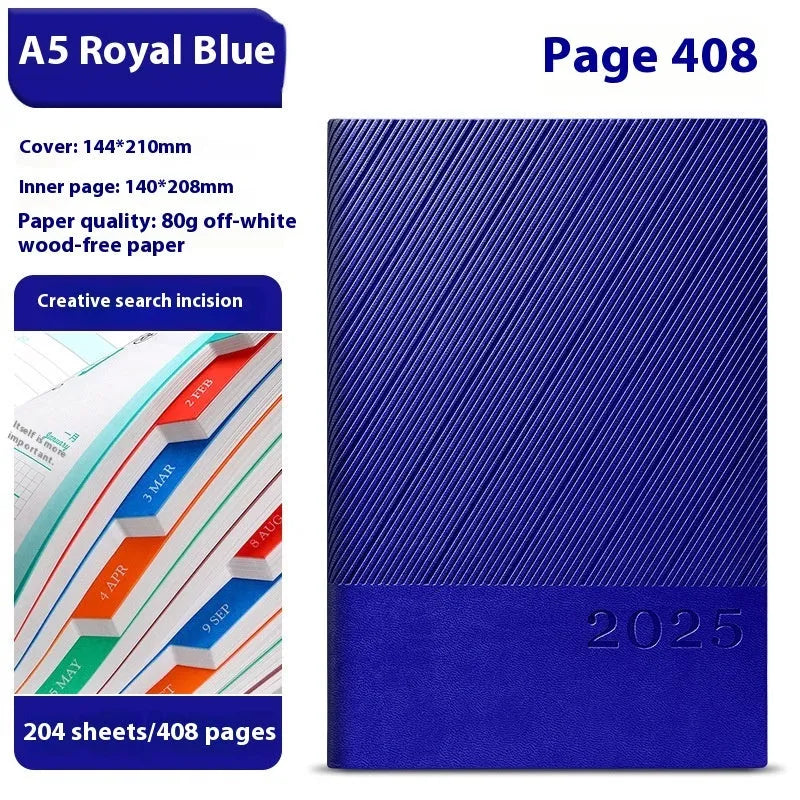 A4 business notepad with striped PU leather cover showing eight colour options including Bean Green, Black, and Sapphire Blue