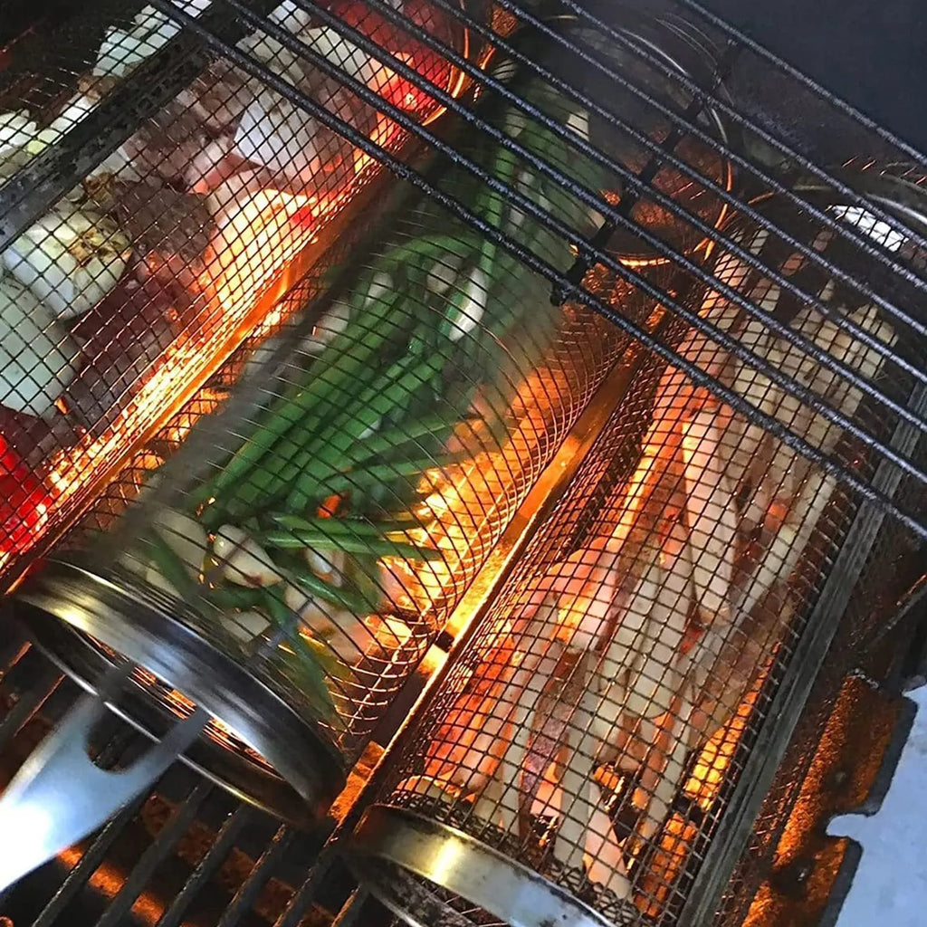 Iron wire rolling BBQ grilling basket with cylindrical mesh for vegetables and meatballs in two size options.