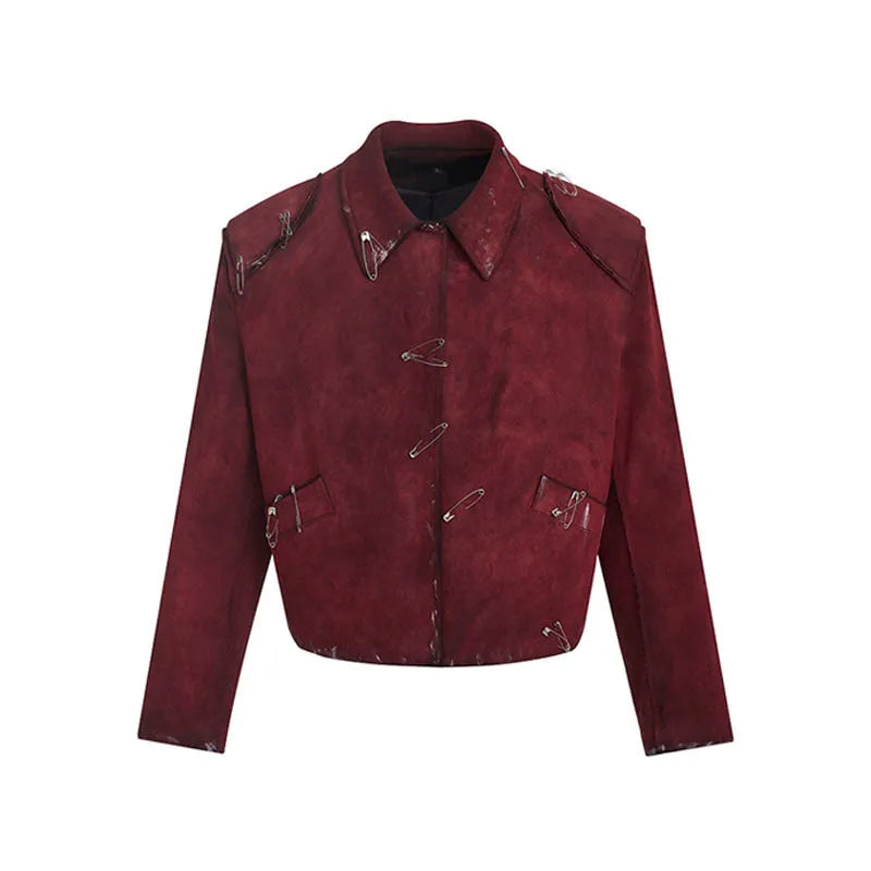 Men's red thick quilted jacket with fluffy flocking decorative pins and lapel collar