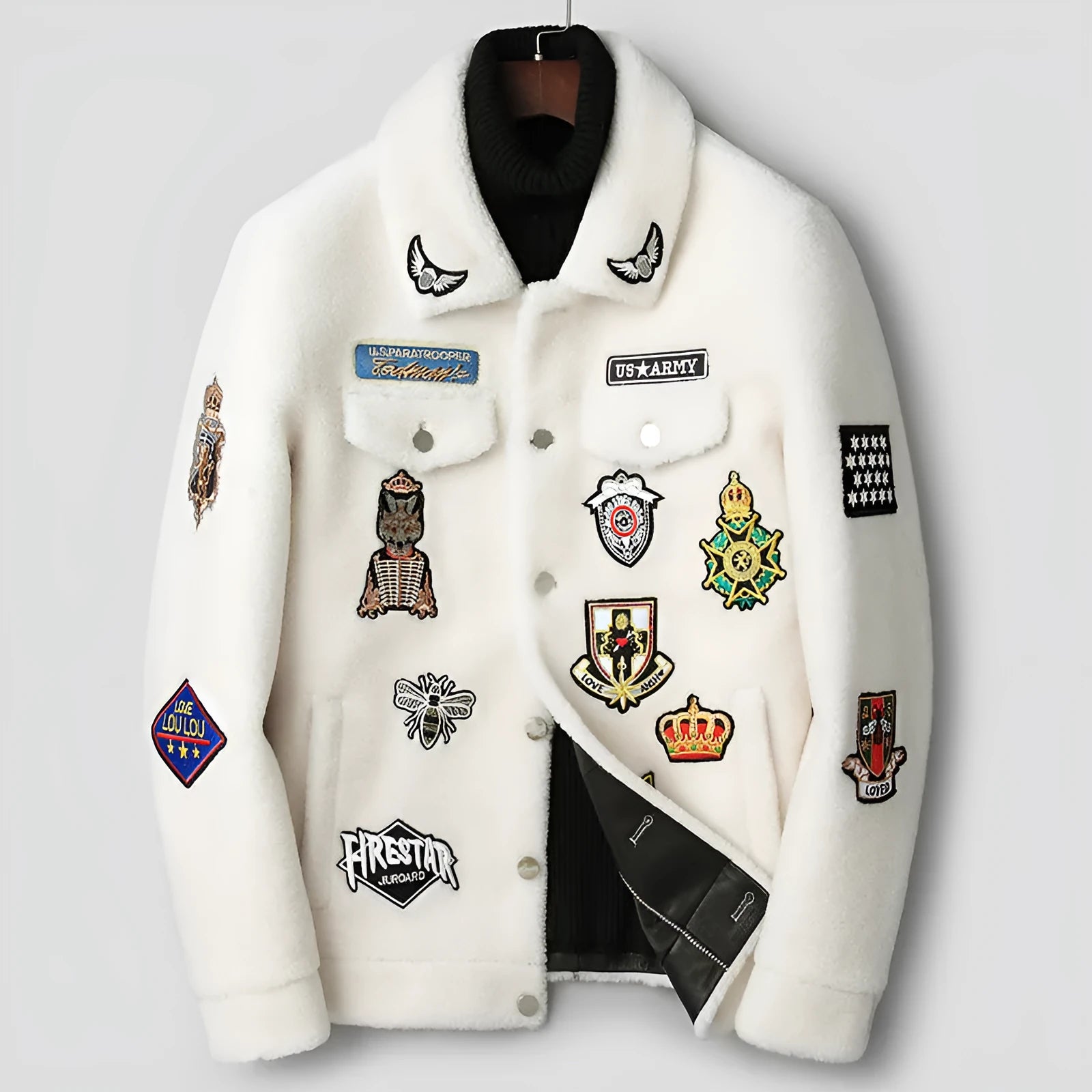 Men's 100% wool lamb fur jacket in white and black animal pattern, button front, long sleeves, on a model