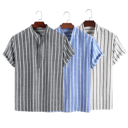 Men's striped casual short sleeve shirt in 100% cotton, available in white, red, gray, and blue.