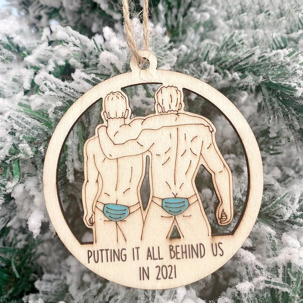 Wooden Christmas tree pendant with snowman and deer laser-cut design