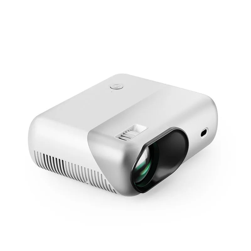 White portable WiFi HD 1080p projector with focus ring and remote control on a table
