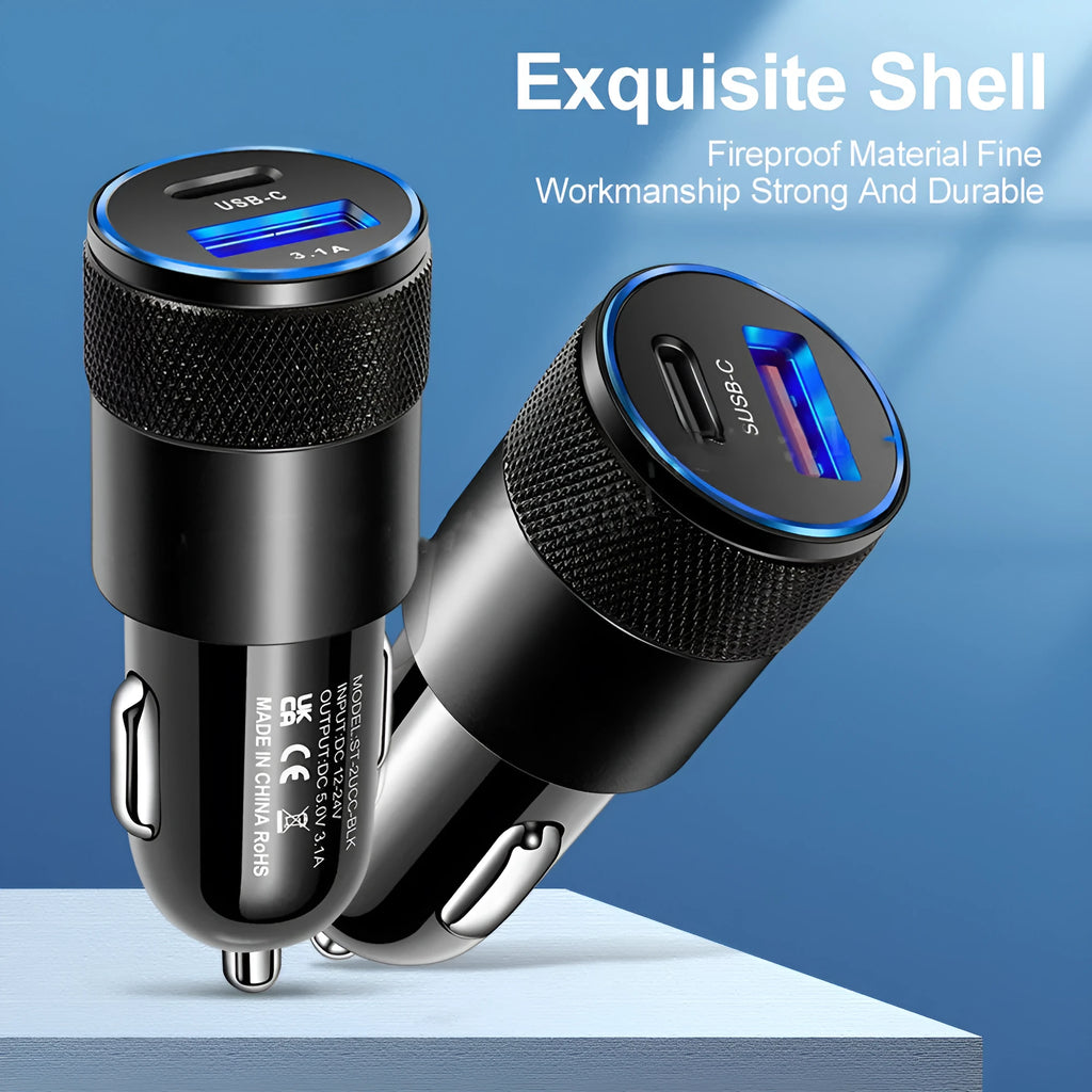 Aluminium alloy dual USB car charger with compact 2.5x6cm dimensions