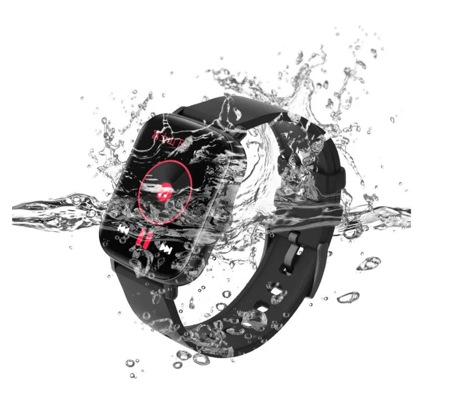 Black smart watch with 1.7-inch colour touch screen on an adjustable strap, showing Bluetooth call and fitness tracking interface.