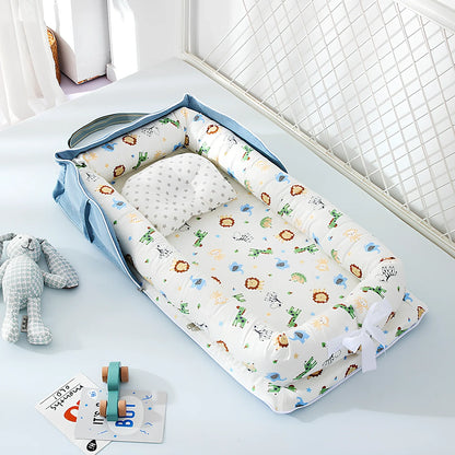 Foldable cotton portable baby crib in Animal World Blue, 90x50 cm with pillow and strap, weighing 1.3 kg