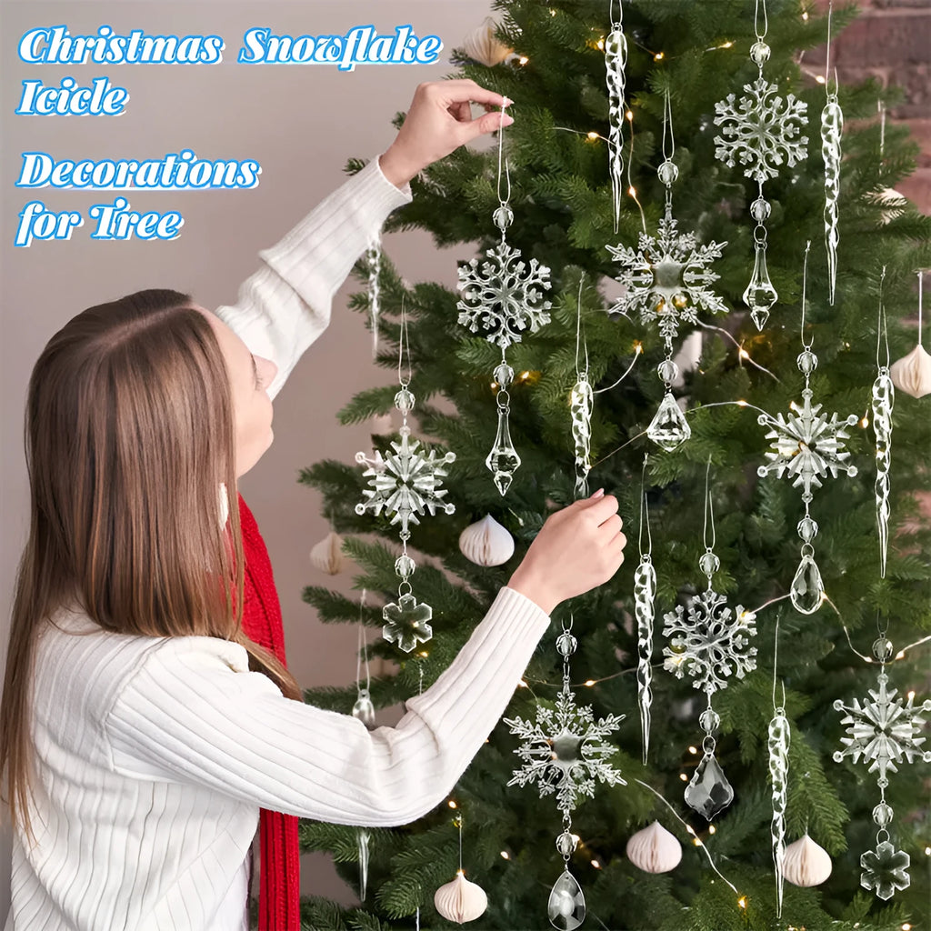 10 clear acrylic ice cone Christmas tree ornaments with white ribbons for hanging