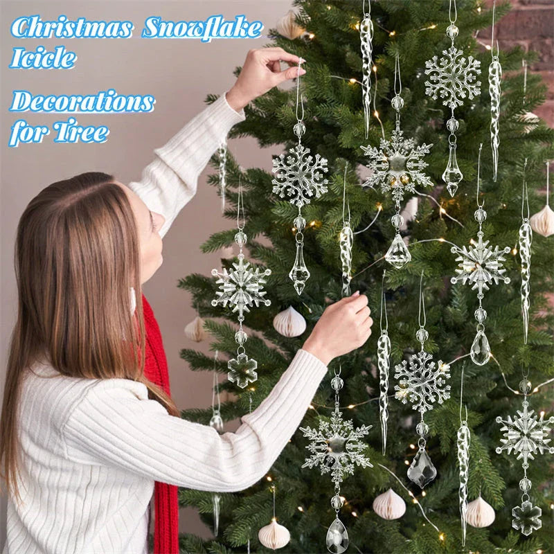 Premium clear acrylic icicle Christmas tree ornaments with hanging ribbons for versatile holiday decoration