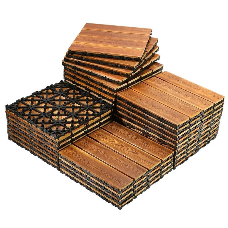 Four square pine wood floor tiles arranged together showing brushed surface texture