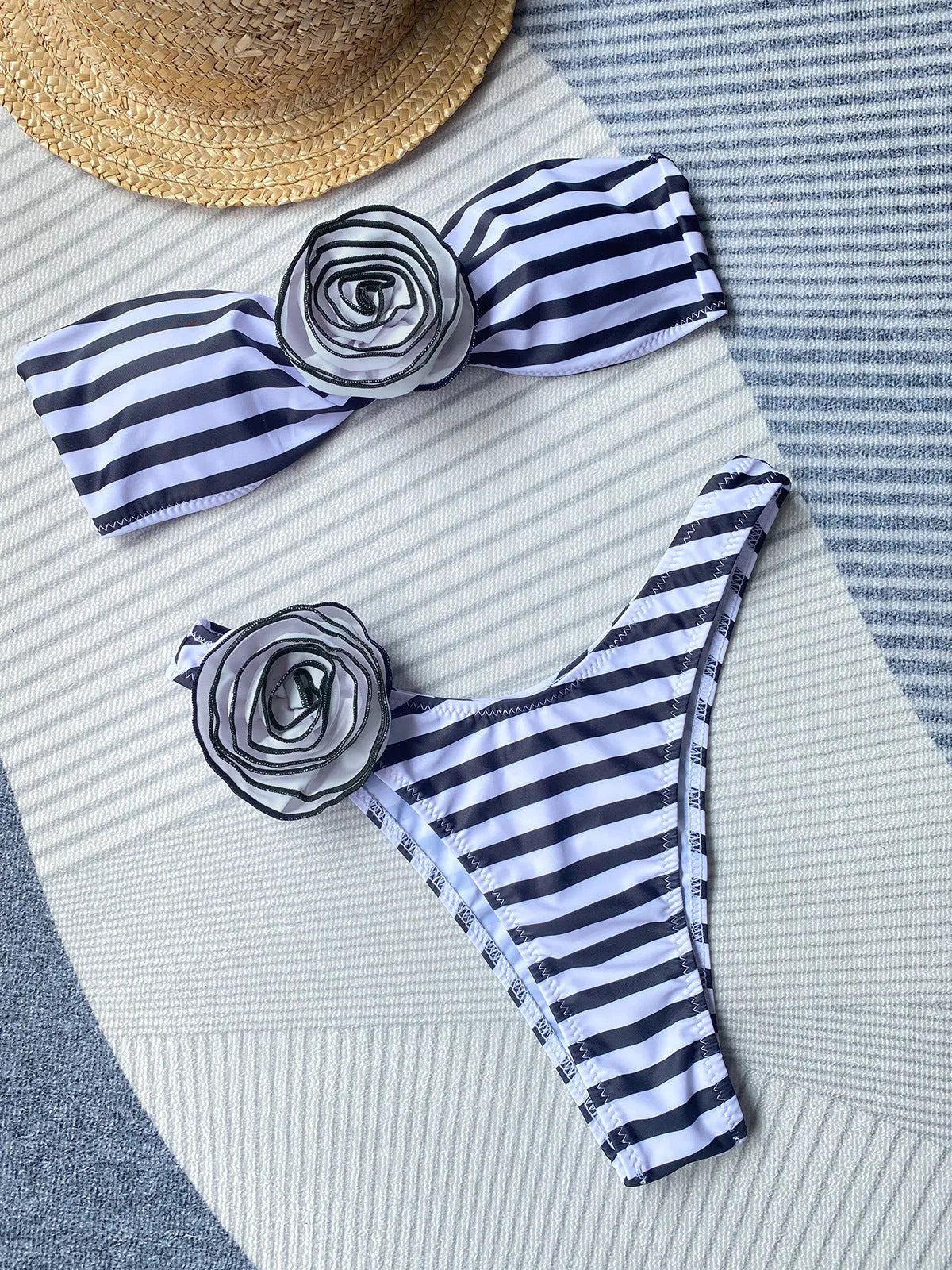 Cross-border tube top bikini with three-dimensional flower design and high-leg split shorts in polyester