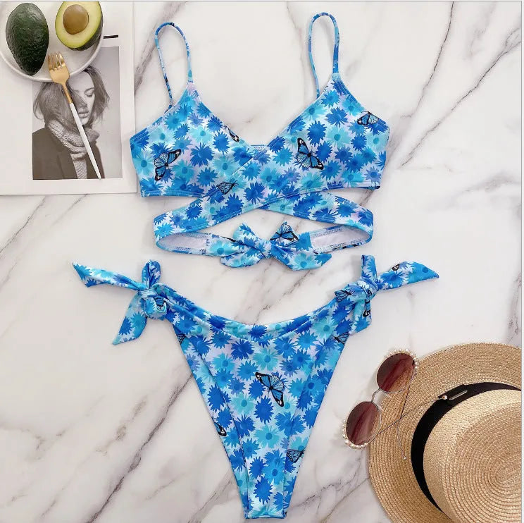 Ladies solid blue backless bikini swimsuit two-piece set polyester fibre