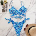 Ladies solid blue backless bikini swimsuit two-piece set polyester fibre