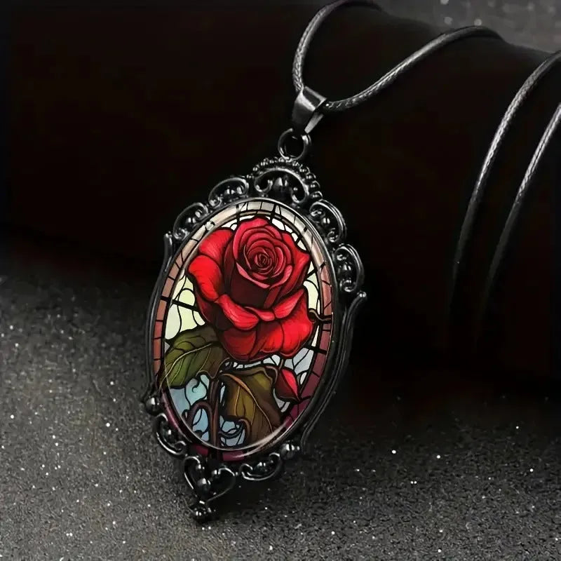 Gothic oval rose necklace for women in black with organic glass pendant and electroplated alloy chain