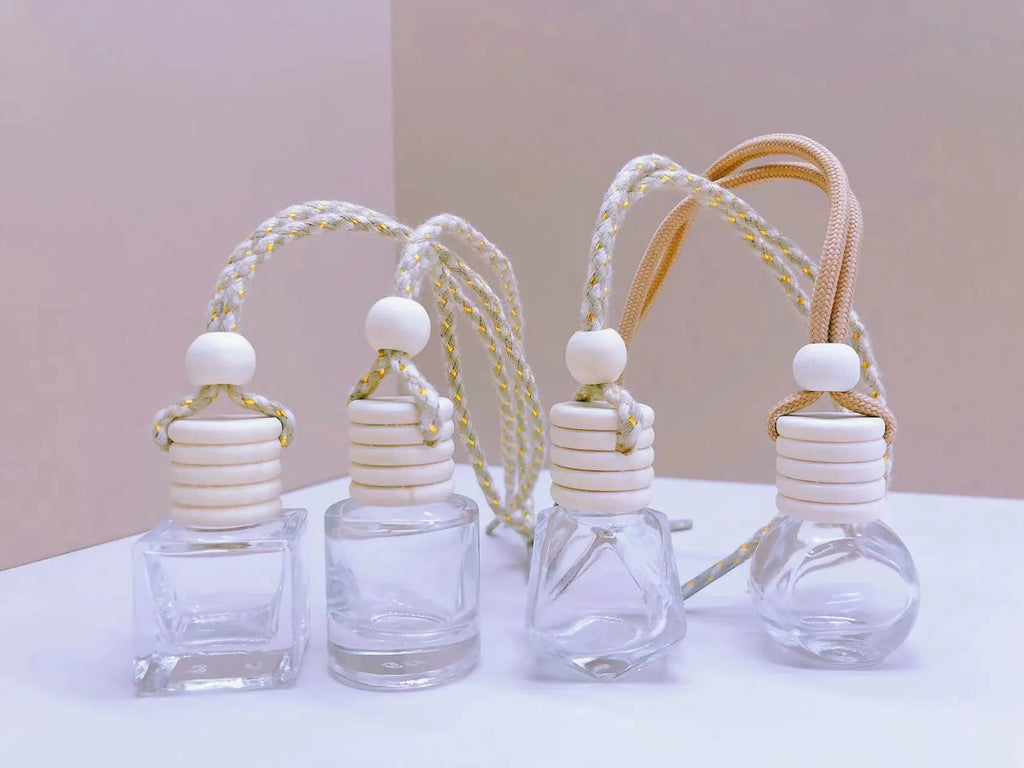 Car perfume pendant fragrance glass bottle in four container style options
