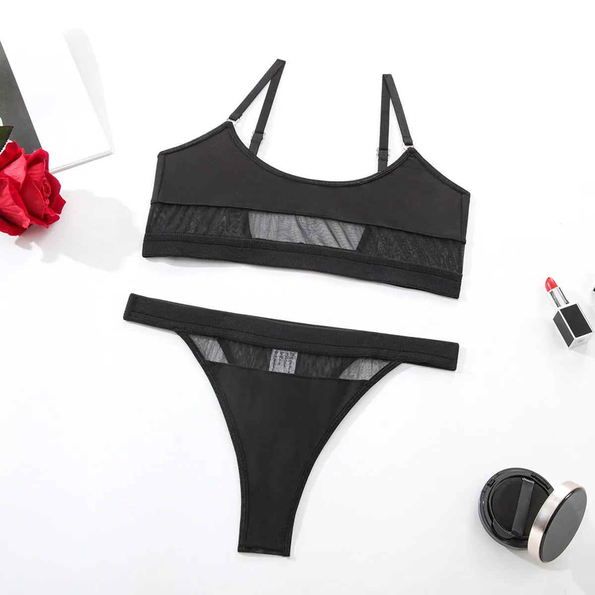 Women's black underwear set with fixed double shoulder straps and full cup design