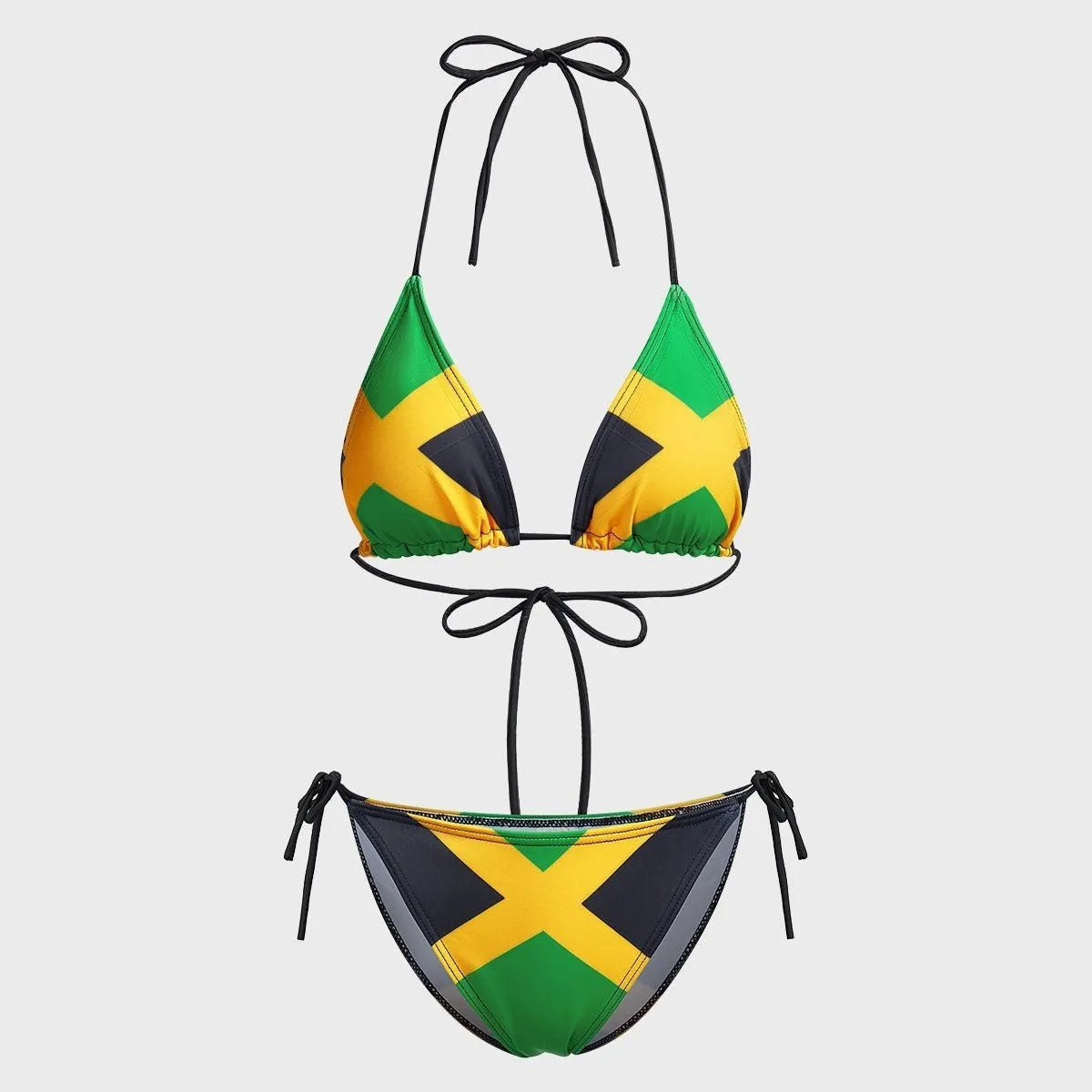 Green slim fit tied women's printed bikini set with sleeveless top and tie-side bottoms on a plain background
