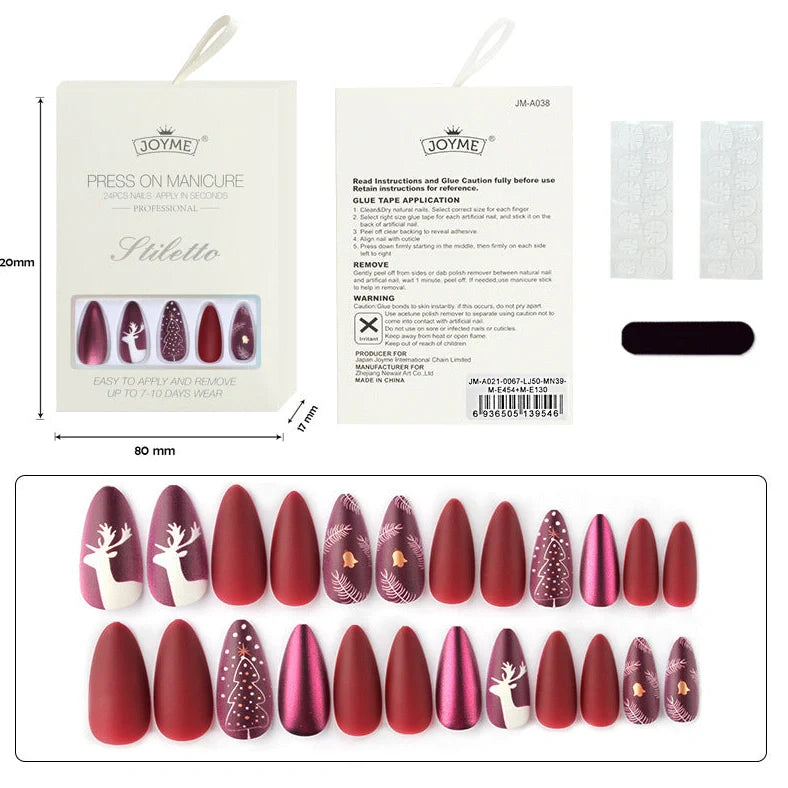 Christmas nail tips showing long, drop-shaped and almond shapes with bronzing and 3D finishes