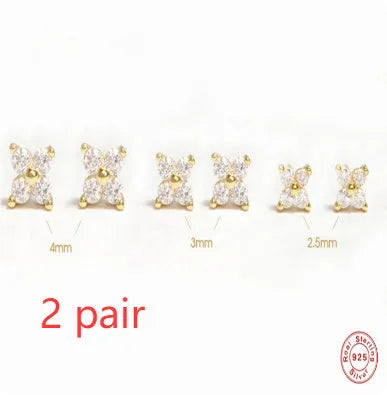 S925 sterling silver stud earrings with geometric crystal flower design in golden or platinum finish