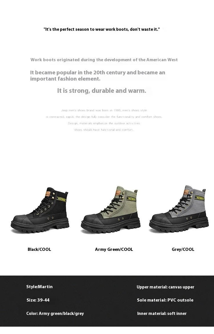 Men's thick-soled canvas casual motorcycle boots in black with front lace-up and round toe, side view