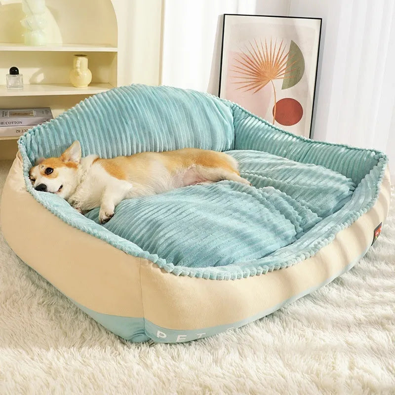 Morandi colour removable washable pet bed for dogs and cats on a sofa, shown in Medium and Large sizes.