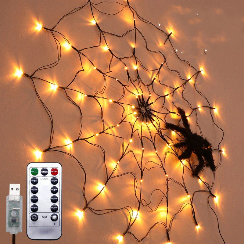 Spooky Halloween spider web string lights with 70 LED lights and realistic furry spider, perfect for indoor or outdoor decoration