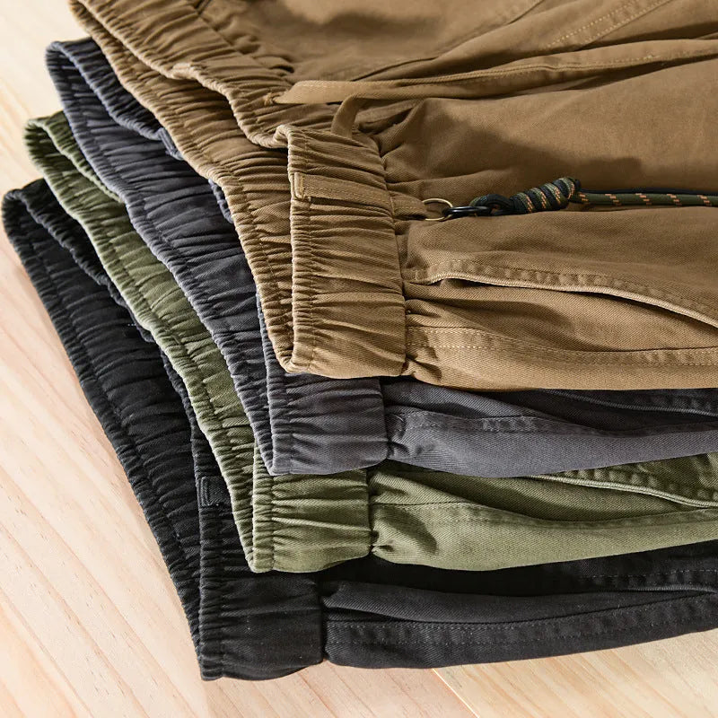 Men's Amekaji cotton overalls with drawstring waist and ankle-banded legs in Army Green colour