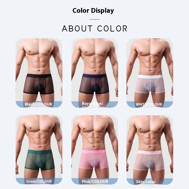 Men's thin invisible boxers in six colours including black, white, sapphire blue, skin colour, green and pink