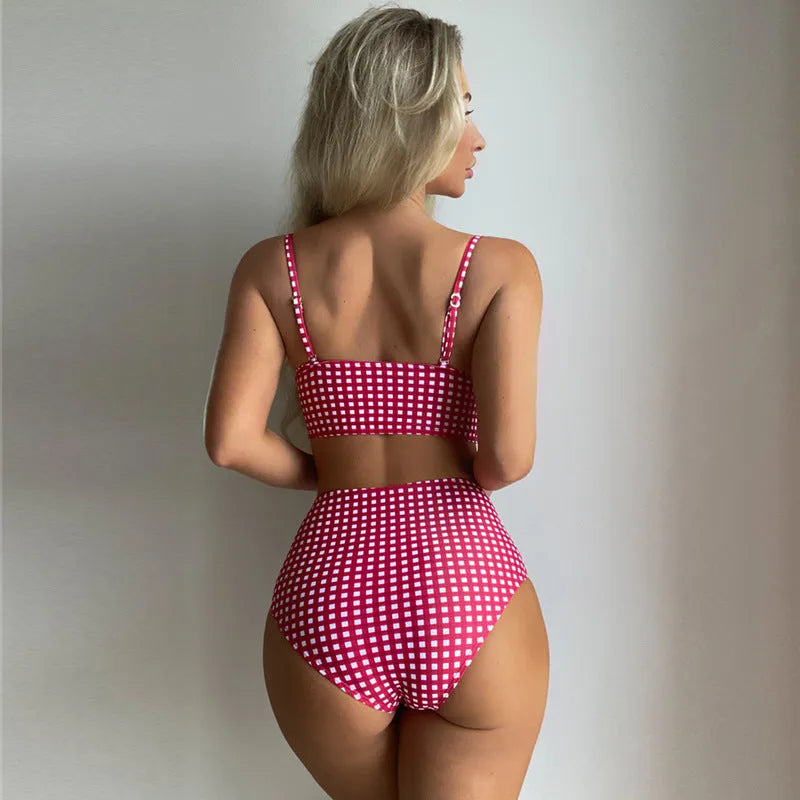 Women's plaid high-waist bikini set in rose red, available in sizes S to 4XL.